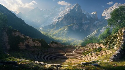 Ancient amphitheater ruins with mountains backdrop
