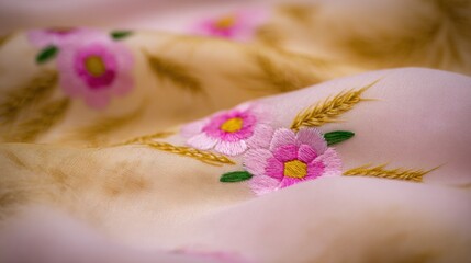 Close-up of delicate embroidery on sheer beige fabric featuring lifelike pink flowers with yellow centers, green leaves, and rustic golden-brown wheat stalks, 