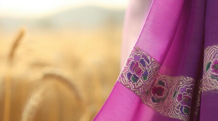 Close-up of vibrant purple fabric with intricate floral embroidery in pink, red, and green, edged with gold thread, gently draped against a softly blurred golden wheat field, warm rural atmosphere, 