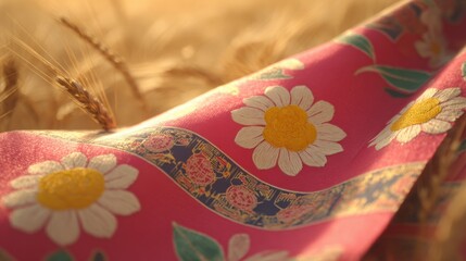 Vibrant pink floral fabric with large white daisy-like flowers, bright yellow centers, green leaves, and intricate blue-red border, set against a softly blurred golden wheat field during warm golden-h
