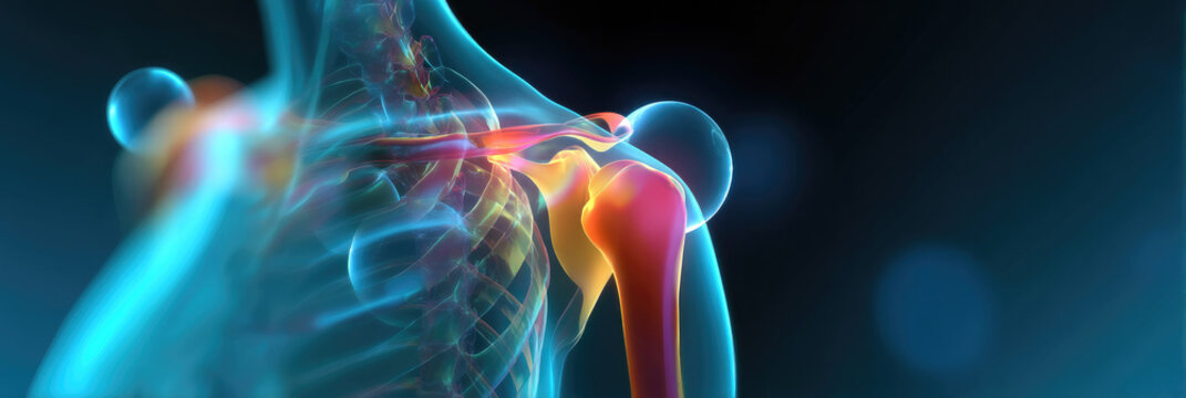 Striking Visual Representation of Human Shoulder and Neck Joints: Modern Abstract Design with Gradient Blue Background and Glowing Transparent Circles. Professional Illustration for Medical, Healthcar