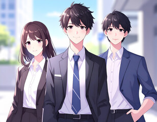日本人の男女3人、ビジネスシーン、マンガ、アニメーション風のイラスト素材、生成AI画像