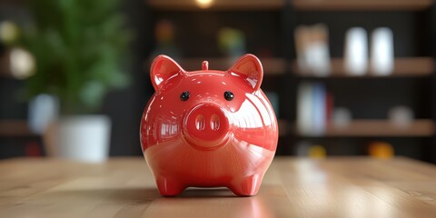 Bright red piggy bank on wooden table in modern interior setting reflects saving habits and financial planning
