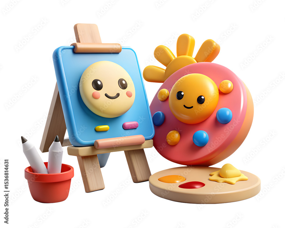 Poster whimsical 3d rendering featuring an easel with art supplies and a playful smiling sun isolated on tr