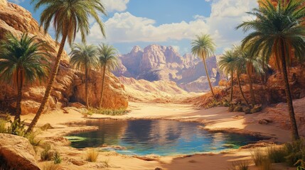 Desert Oasis Surrounded By Mountains And Palm Trees