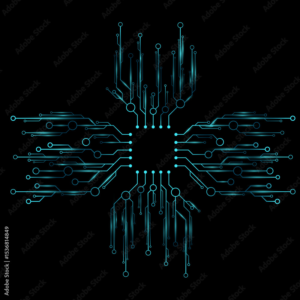 Poster futuristic circuit network with glowing blue lines and nodes on a dark background. hi-tech symmetric