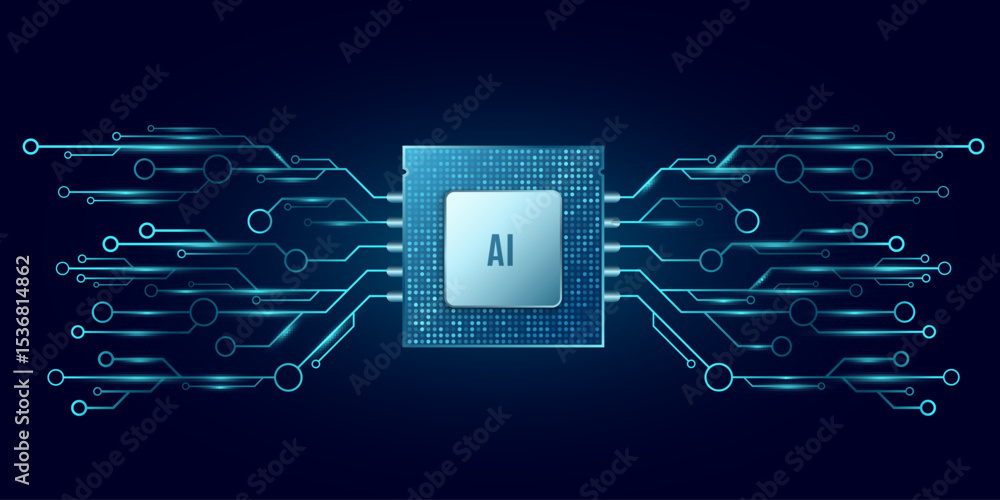 Poster glowing ai microchip connected to a futuristic circuit network on a dark background. advanced techno