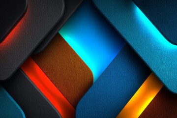 Abstract layered geometric pattern with glowing neon red, blue, and orange highlights on textured surfaces.