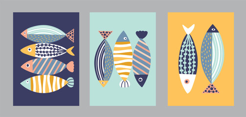 Interior poster with sardines. Cute set. Vector illustration