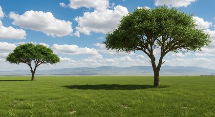 Obraz premium Serene African Savanna Landscape Two Acacia Trees Under a Blue Sky