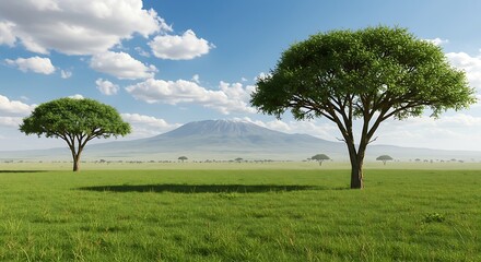Obraz premium Serene African Savanna Landscape Majestic Mountain, Lush Grassland, and Acacia Trees