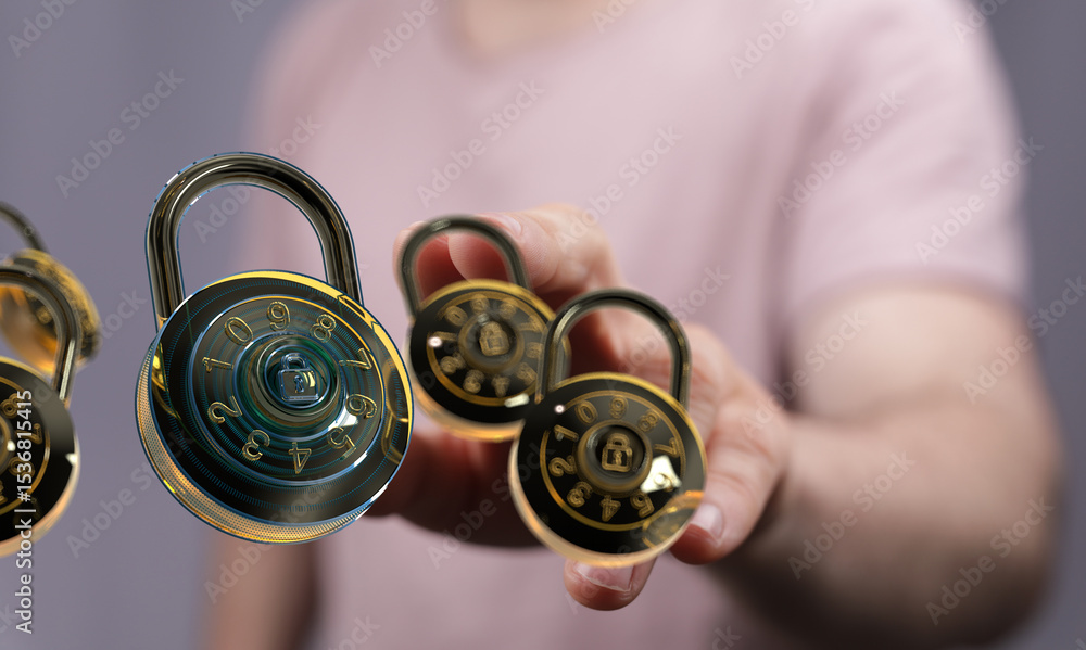 Poster Safeguard your information with strong passwords and encryption.  Digital security for a safer world.