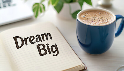 A journal open to a page with "Dream Big" handwritten, A cozy workspace featuring a motivational note that says 'Dream Big,' accompanied by a steaming cup of coffee and greenery.