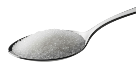 A spoon filled with white granulated substance on transparent background