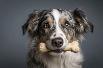 Fototapeta premium Australian Shepherd Dog Holding Bone Toy, Fluffy Coat, Alert Expression on Gray Background - Cute Pet Portrait.