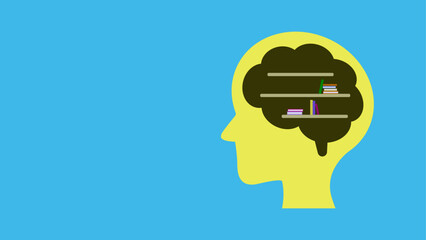 Illustration of a human head in profile with shelves inside shaped like a brain, filled with books, symbolizing knowledge and organized thinking