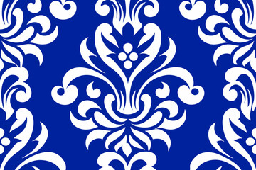 Elegant Damask Pattern Blue and White Floral Design Seamless Repeat Textile Print
