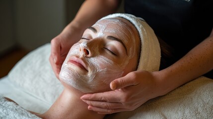 Beautician gently applying a moisturizing face mask to a relaxed client during a soothing spa treatment, enhancing skin health and promoting deep relaxation for ultimate wellbeing