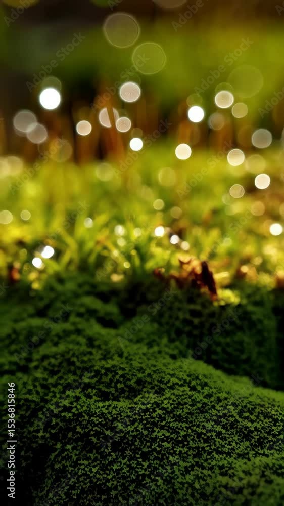 Poster close-up of vivid green moss covered in glistening water droplets with bokeh background for use in n