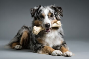 Fototapeta premium Australian Shepherd Dog Relaxing with Bone Toy, Fluffy Coat, Happy Expression on Gray Background - Peaceful Pet Moment.