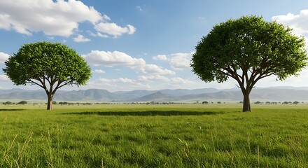 Serene African Savanna Landscape Two Majestic Acacia Trees Under a Clear Blue Sky