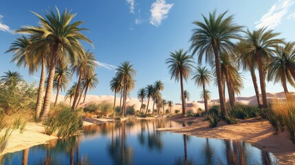 Obraz premium Lush Oasis Scene Features Palm Trees Sand Dunes and Clear Water