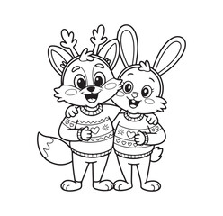 Cute fox and rabbit in winter sweaters coloring page vector illustration