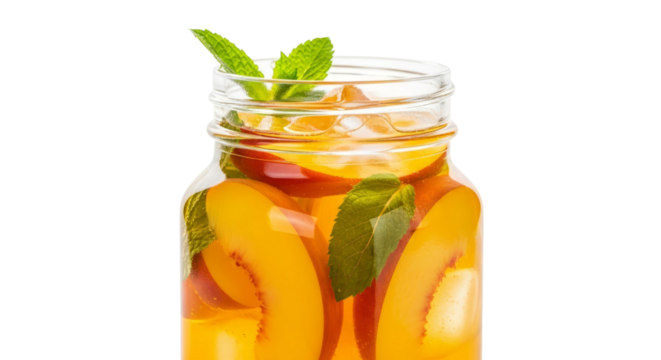 Jar of peaches with mint on transparent background