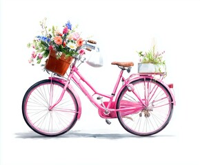 Pink city bicycle with flowers in the basket 