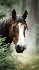 Obraz premium Majestic brown horse stands between evergreen trees in a misty forest during early morning light