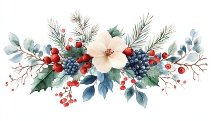 Watercolor Winter Christmas bouquet with foliage, flowers, and berries