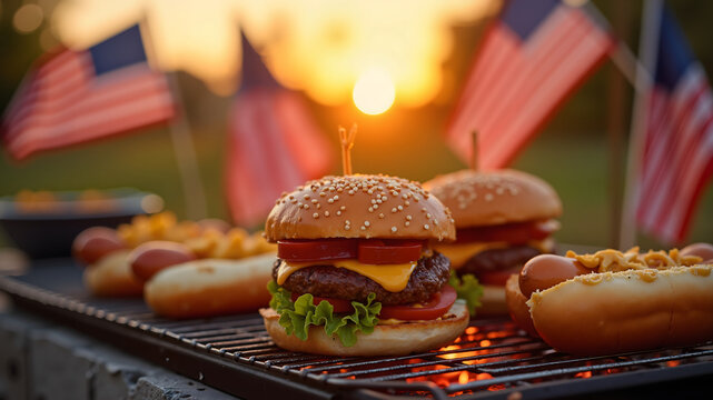 Family Independence Day Picnic at Vineyard with BBQ and Sunset
