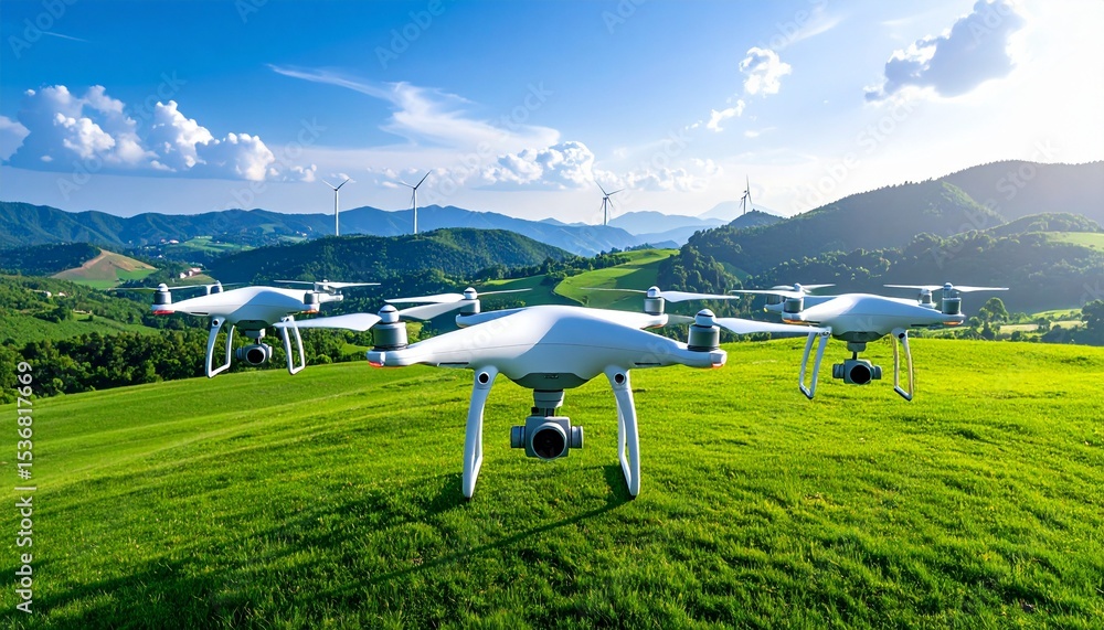 Aufkleber autonomous drone swarm overseeing large grass field for comprehensive surveillance operations
