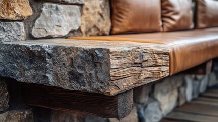 Rustic outdoor bench with stone and wood