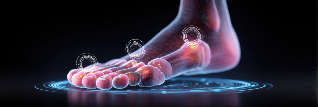 Captivating Visual Representation of Human Toe Joints: Modern Abstract Design with Gradient Blue Background and Glowing Transparent Circles. Professional Illustration for Medical, Healthcare, and Reha