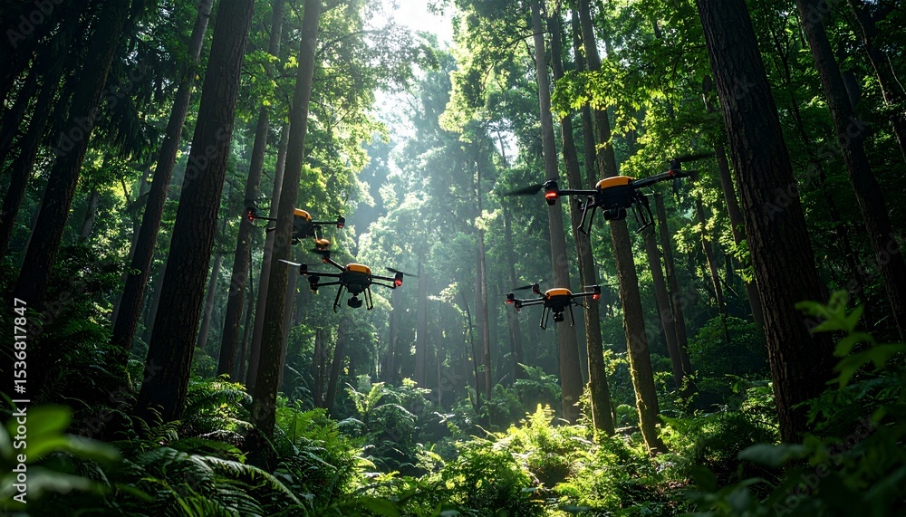Aufkleber two drones engaged in search and rescue operations in dense forest for emergency response teams