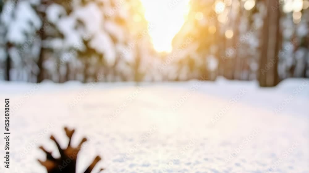 Poster close-up of a pine cone resting on snow in a forest setting with sunlight filtering through bare tre