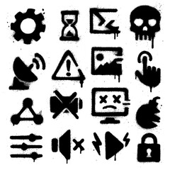 Spray Paint Tech Icons – Digital and Cyber Security Symbols with Blood Splatter Effect (Transparent PNG) © FriskySloths