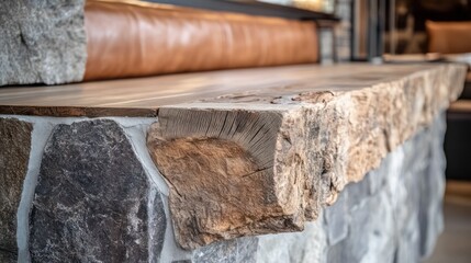 Rustic wooden countertop with stone wall.  Leather seating
