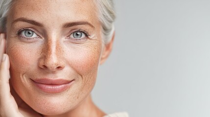 Senior woman with radiant smile, touching cheek softly, celebrating natural aging and displaying proud freckles and gentle wrinkles