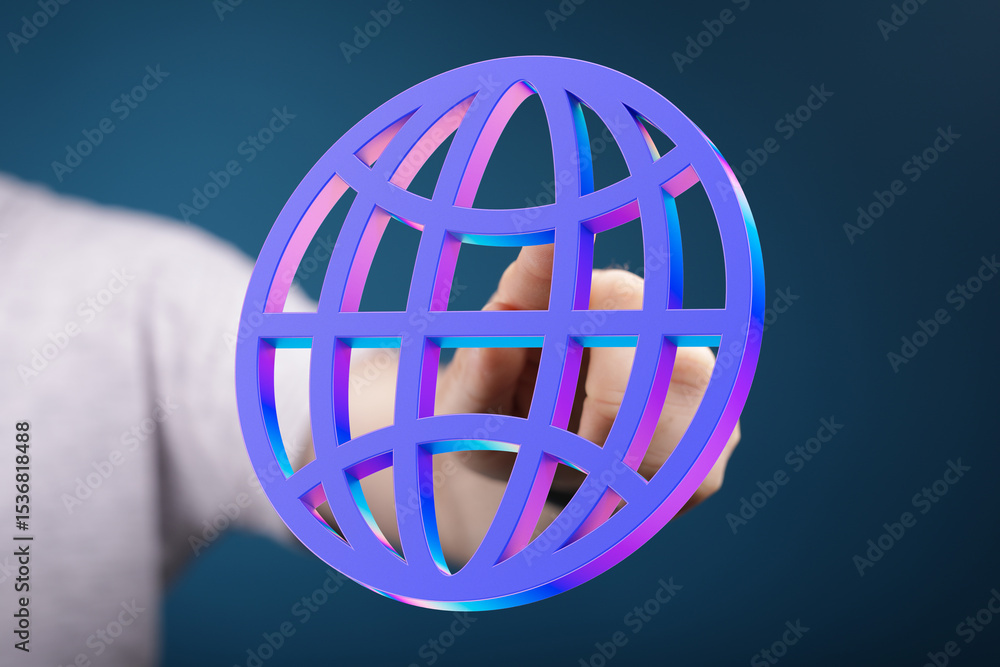 Poster Abstract image of a hand holding a 3D global network icon, symbolizing internet connection and worldwide reach.