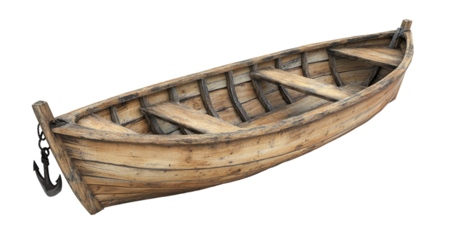 Old Wooden Boat with Anchor isolated on transparent white background, clipping path