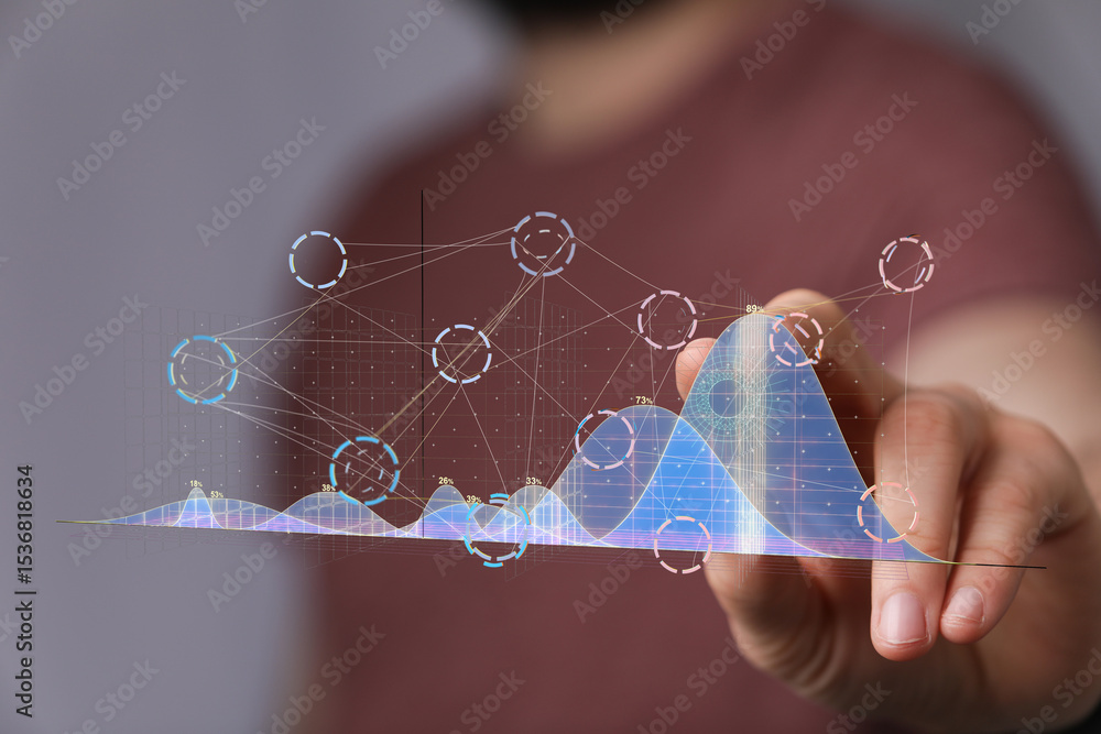 Poster businessman analyzing data on a digital holographic interface. stock photo for technology, finance, 