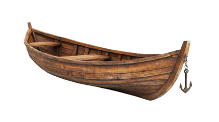 Old Wooden Boat with Anchor isolated on transparent white background, clipping path