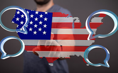 Person interacts with a digital US map, highlighting online political discourse.