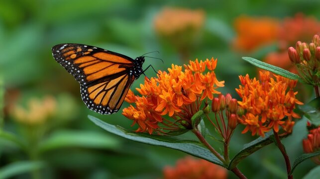 Monarch butterfly drinking nectar from bright orange milkweed blossoms, highlighting pollination process within lush botanical garden landscape