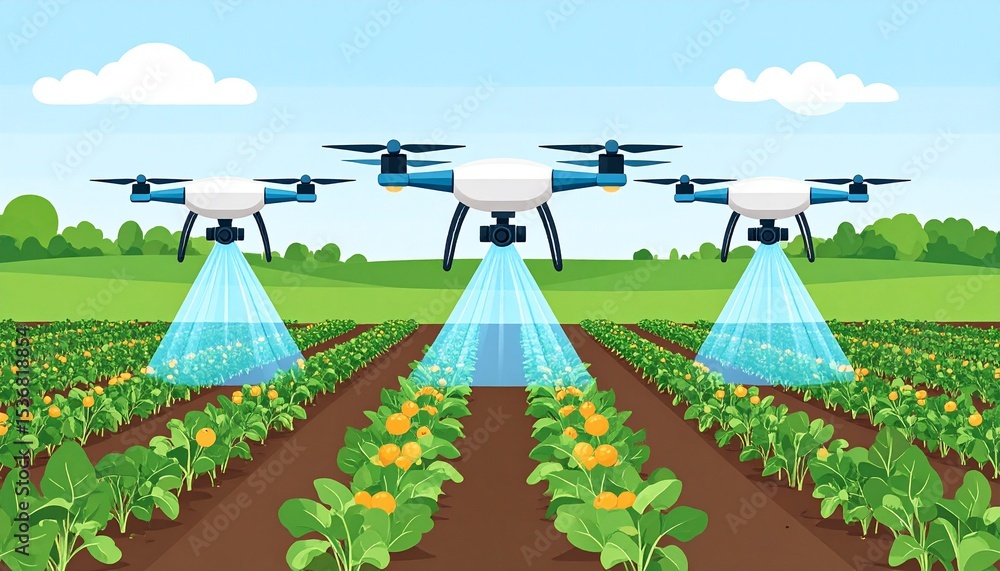 Poster drone hovering over field of crops performing precision application of beneficial fungi for soil hea