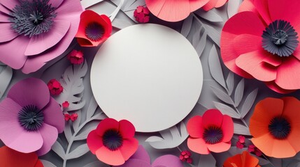 Colorful paper flowers arranged around a blank circle.