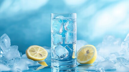 Clear glass of cold refreshing water filled with ice cubes and lemon slices on a cool blue background with scattered ice and lemon halves for summer hydration