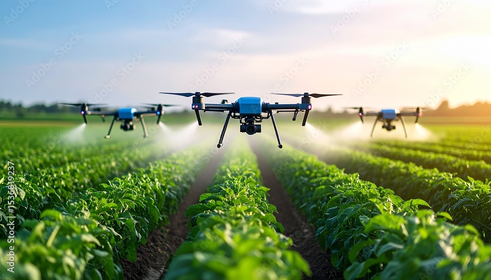 Aufkleber autonomous drone swarm hovering over field for precision bio-fungicide application process